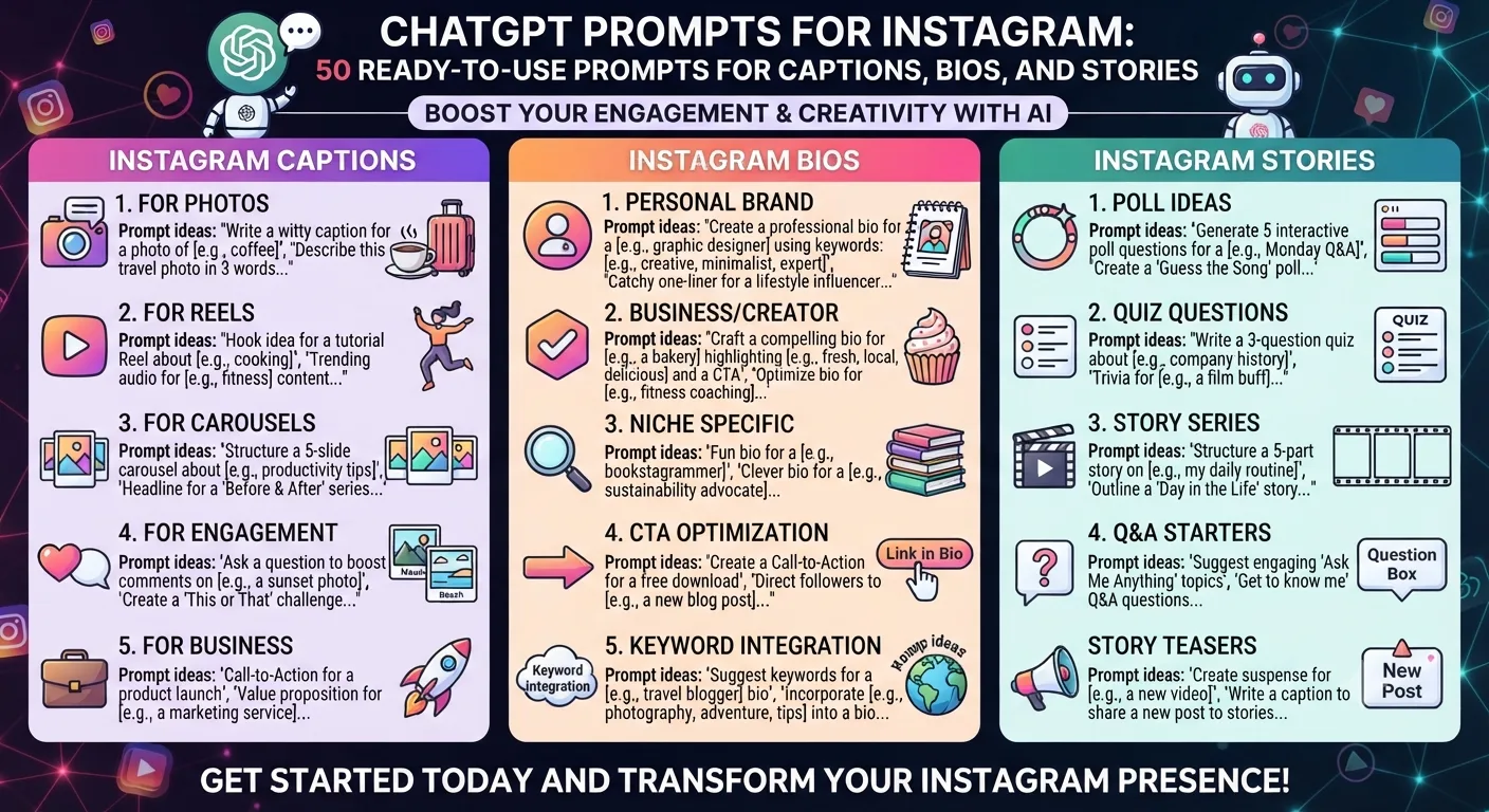 ChatGPT Prompts for Instagram: 50 Ready-to-Use Prompts for Captions, Bios, and Stories